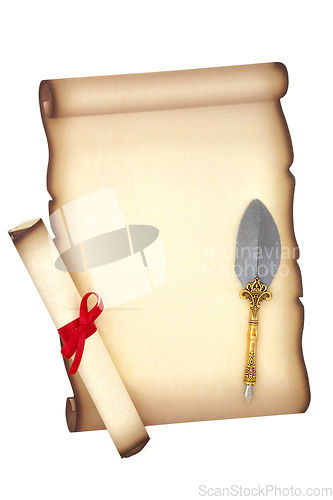 Image of Old  Fashioned Parchment Scroll with Quill Pen 