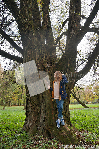 Image of Dreamily schoolgirl in park near giant willow tree in early autumn