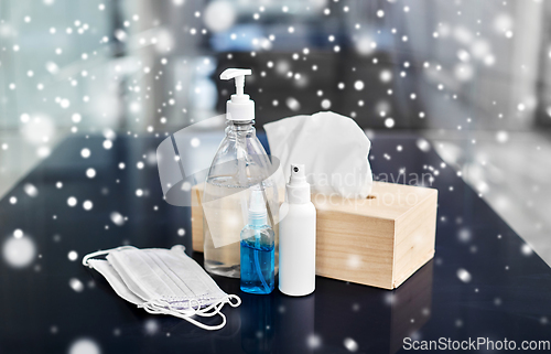 Image of hand sanitizers, masks, liquid soap and tissues