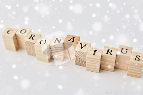 Image of coronavirus word on wooden toy blocks on white
