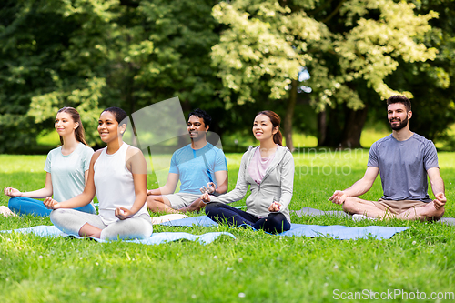 Image of group of happy people doing yoga at summer park