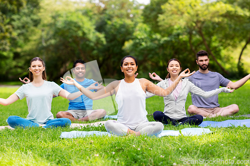 Image of group of happy people doing yoga at summer park