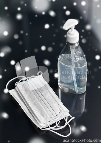 Image of hand sanitizer or liquid soap and medical masks