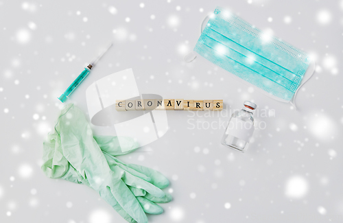 Image of coronavirus word, mask, gloves, syringe and drug
