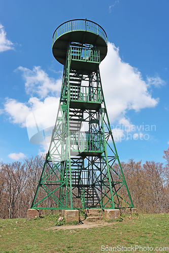 Image of Green, steel Sightseeing pyramid on the top of the mountain Jape