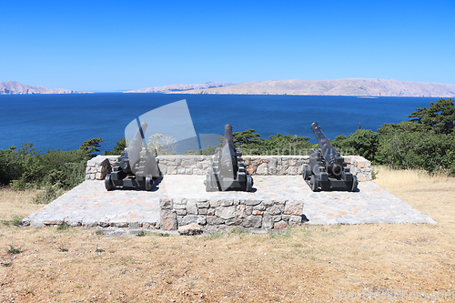 Image of Old cannons in front Nehaj Fortres on the hill Nehaj in the town