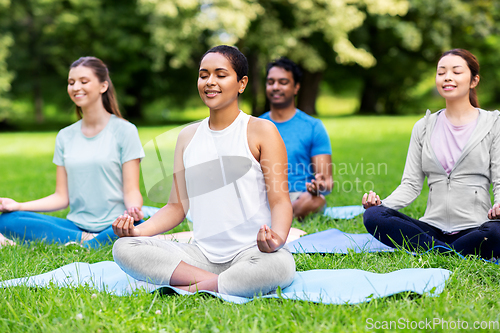 Image of group of happy people doing yoga at summer park