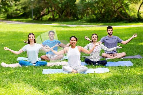 Image of group of happy people doing yoga at summer park