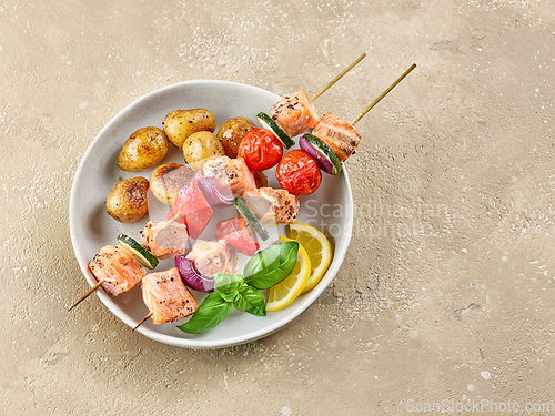 Image of salmon and vegetable skewers