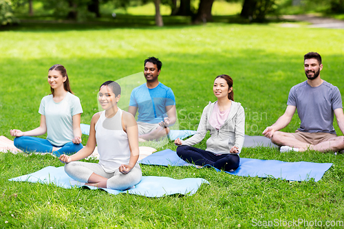 Image of group of happy people doing yoga at summer park