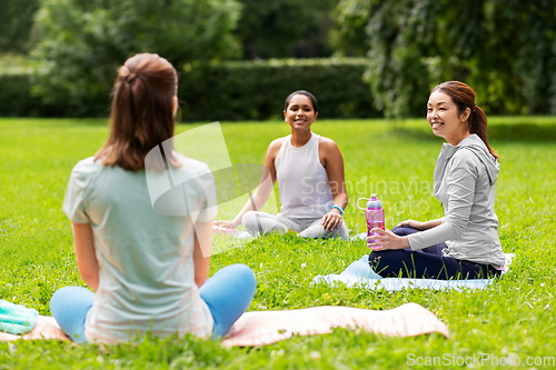 Image of group of people sitting on yoga mats at park