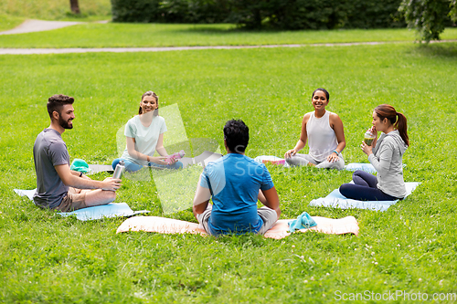 Image of group of people sitting on yoga mats at park