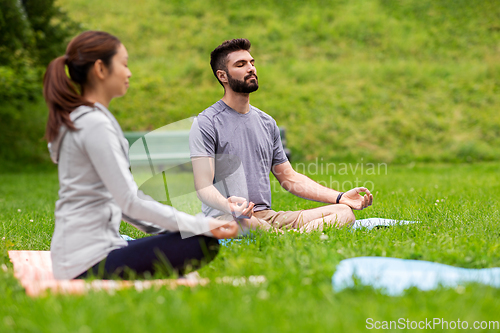 Image of group of people doing yoga at summer park