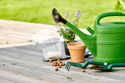 Image of garden tools and flowers on wooden terrace