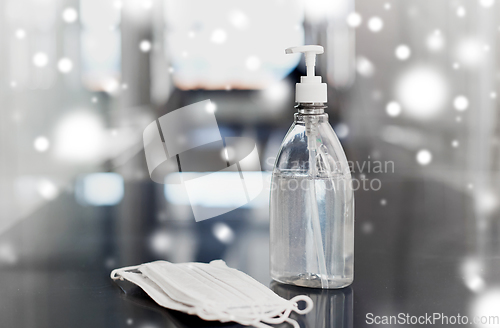 Image of hand sanitizer or liquid soap and medical masks
