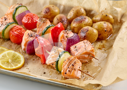 Image of salmon vegetable skewers