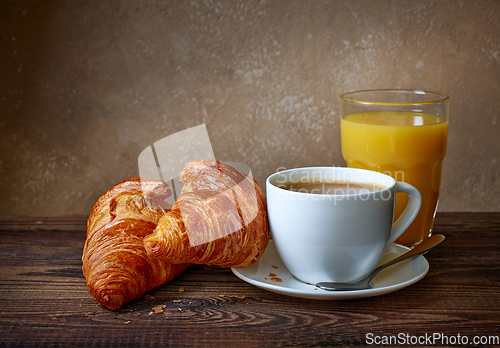 Image of cup of coffee, croissants and orange juice