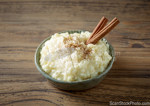 Image of bowl of rice milk pudding with cinnamon