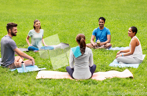 Image of group of people sitting on yoga mats at park