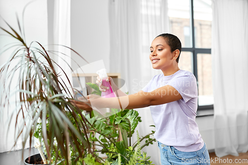 Image of woman spraying houseplant with water at home