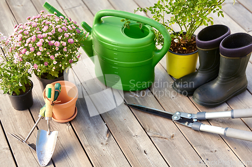 Image of garden tools, flower seedlings and rubber boots