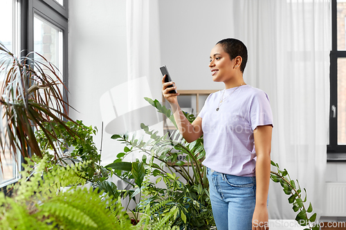 Image of african american woman with smartphone at home