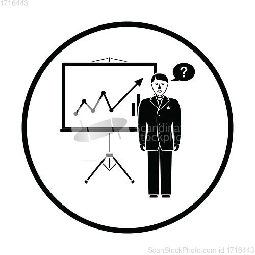 Image of Clerk near analytics stand icon