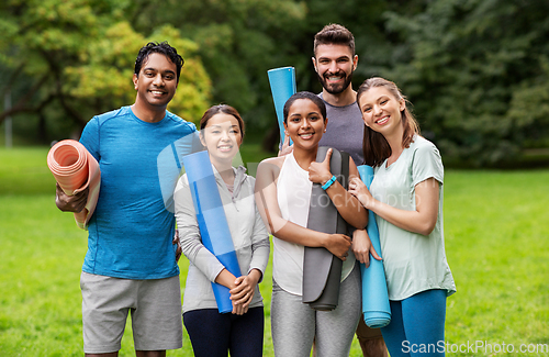 Image of group of happy people with yoga mats at park