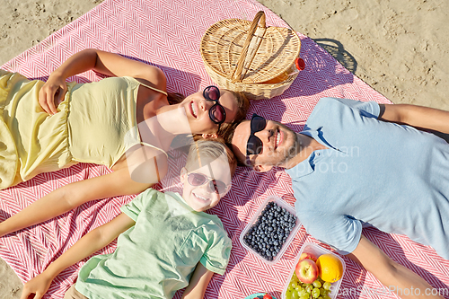Image of happy family having picnic on summer beach
