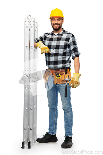 Image of happy male worker or builder in helmet with ladder