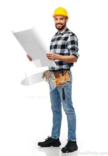 Image of male worker or builder in helmet with blueprint