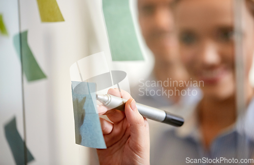 Image of business team with sticky notes on glass at office