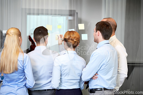 Image of business team with sticky notes on glass at office