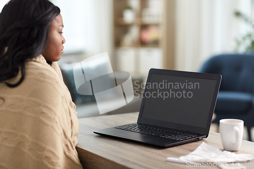 Image of sick woman having video call on laptop