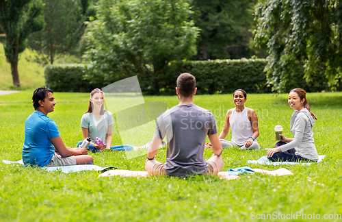 Image of group of people sitting on yoga mats at park