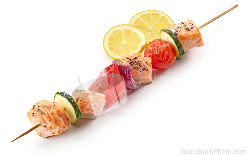 Image of grilled salmon and vegetable skewer