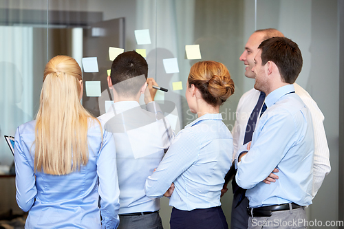 Image of business team with sticky notes on glass at office