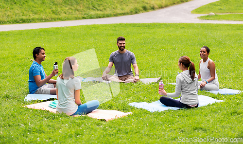 Image of group of people sitting on yoga mats at park