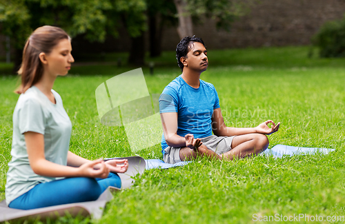 Image of group of people doing yoga at summer park