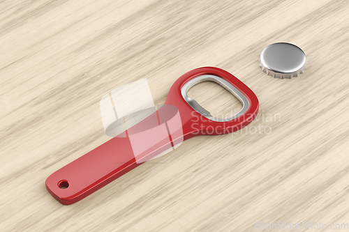 Image of Red bottle opener and beer cap
