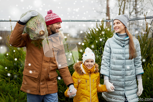 Image of happy family buying christmas tree at market