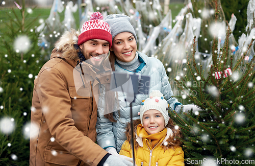 Image of family taking selfie with christmas tree at market