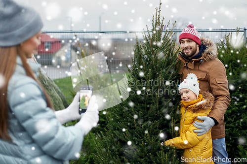 Image of family taking picture of christmas tree at market