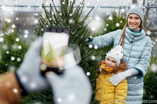 Image of family taking picture of christmas tree at market