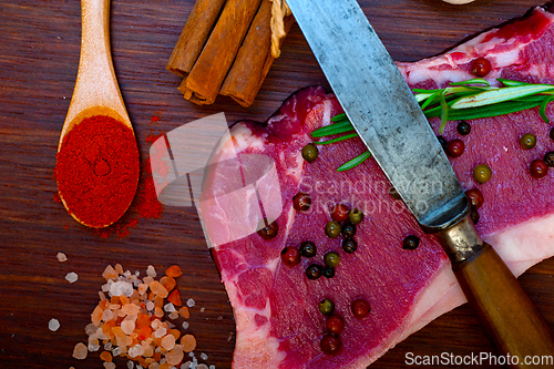 Image of raw uncooked  ribeye beef steak butcher selection