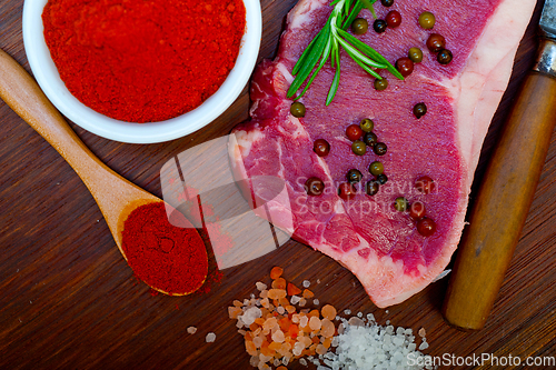 Image of raw uncooked  ribeye beef steak butcher selection