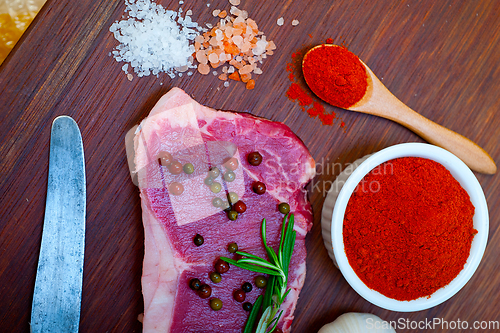 Image of raw uncooked  ribeye beef steak butcher selection