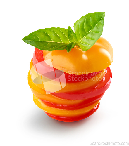 Image of stack of red and yellow tomato slices