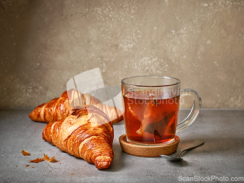 Image of freshly baked croissants and tea cup