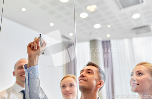 Image of man with marker writing on glass wall at office